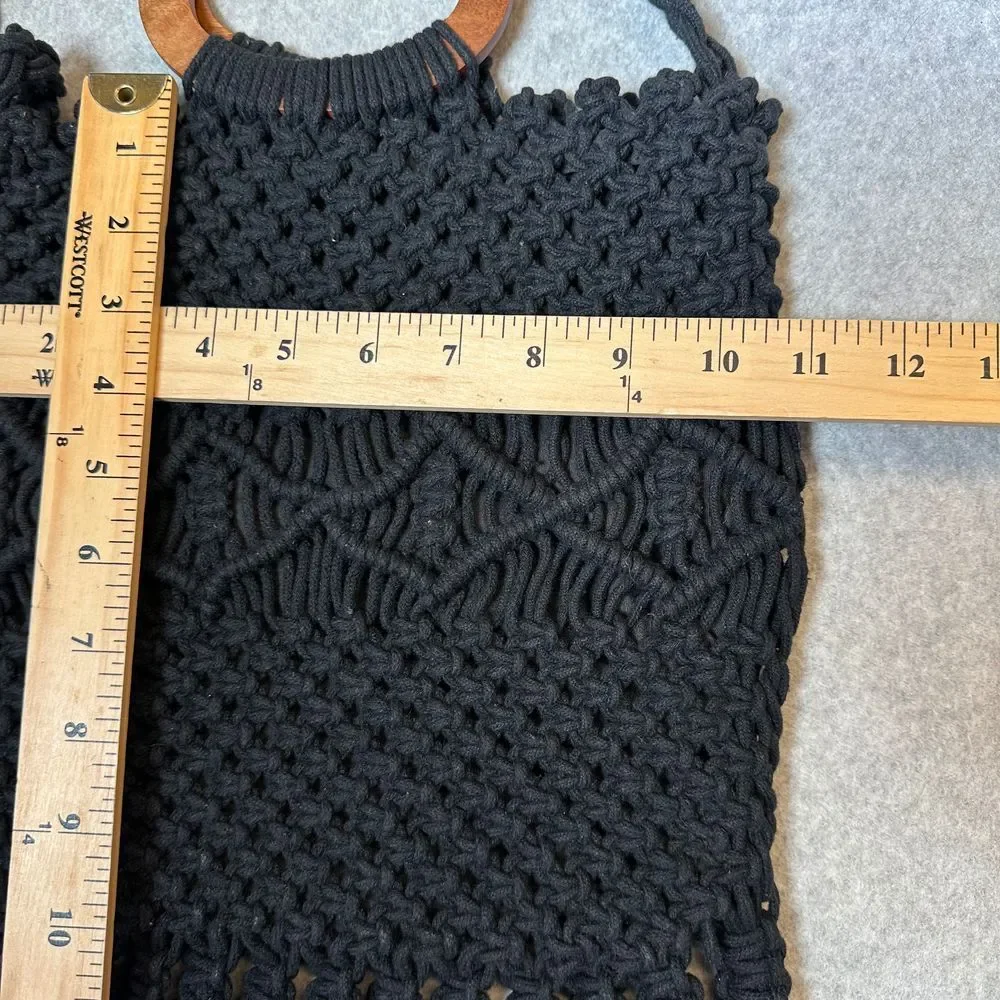 Danielle Nicole Boho Hippie Black Macrame Wooden Handle Crossbody fringe Bag‎